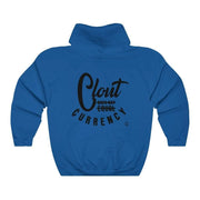 Back view of royal blue Clout Doesn't Equal Currency sweatshirt.