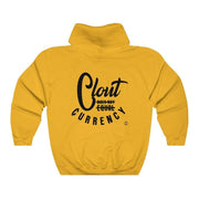 Back view of gold Clout Doesn't Equal Currency sweatshirt.