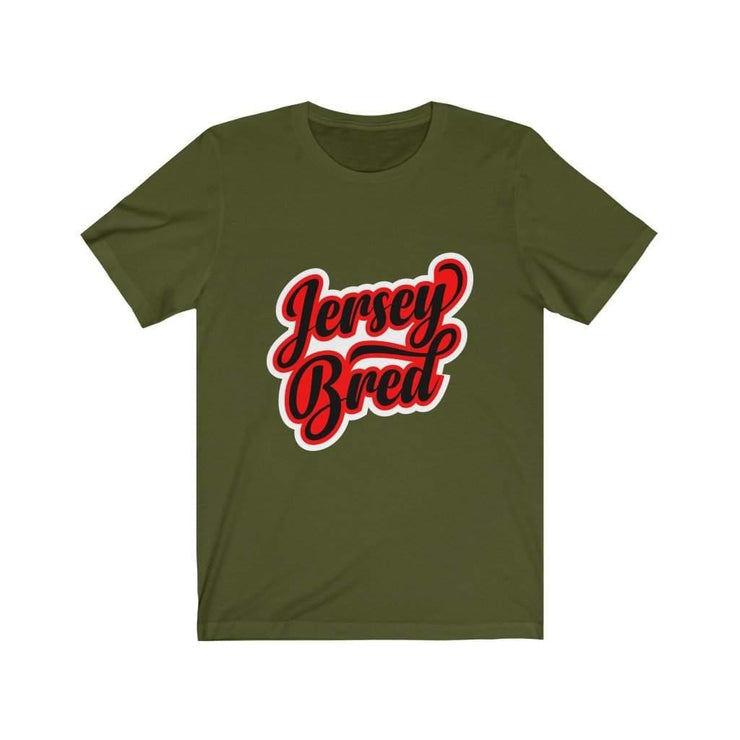 Olive t-shirt with white, red, and black Jersey Bred text design.