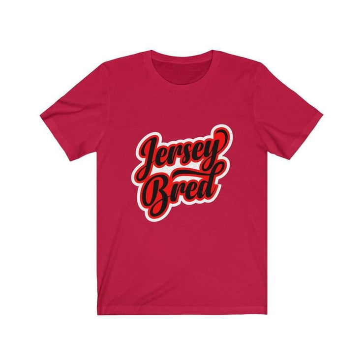 red t-shirt with white, red, and black Jersey Bred text design.