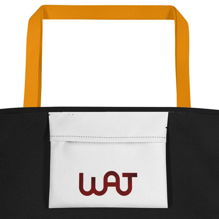 Inside view of the black My Commitment Different WAJ Large Tote Bag with yellow handle.