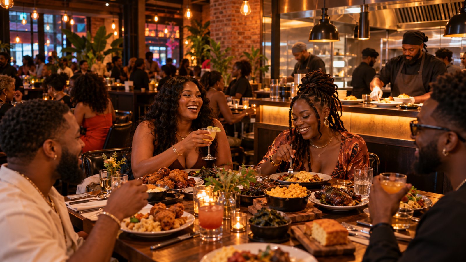 Friends share fried chicken, mac and cheese and greens at a busy restaurant with an open kitchen