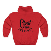 Back view of red Clout Doesn't Equal Currency sweatshirt.