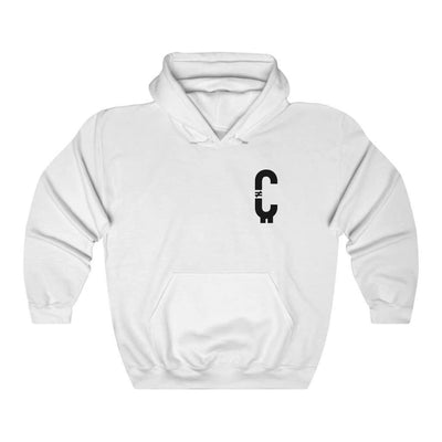Front view of the White Clout doesn't equal currency sweatshirt.