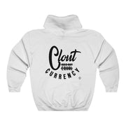 Back view of white Clout Doesn't Equal Currency sweatshirt.