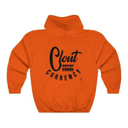 Back view of orange Clout Doesn't Equal Currency sweatshirt.