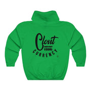 Back view of irish green Clout Doesn't Equal Currency sweatshirt.