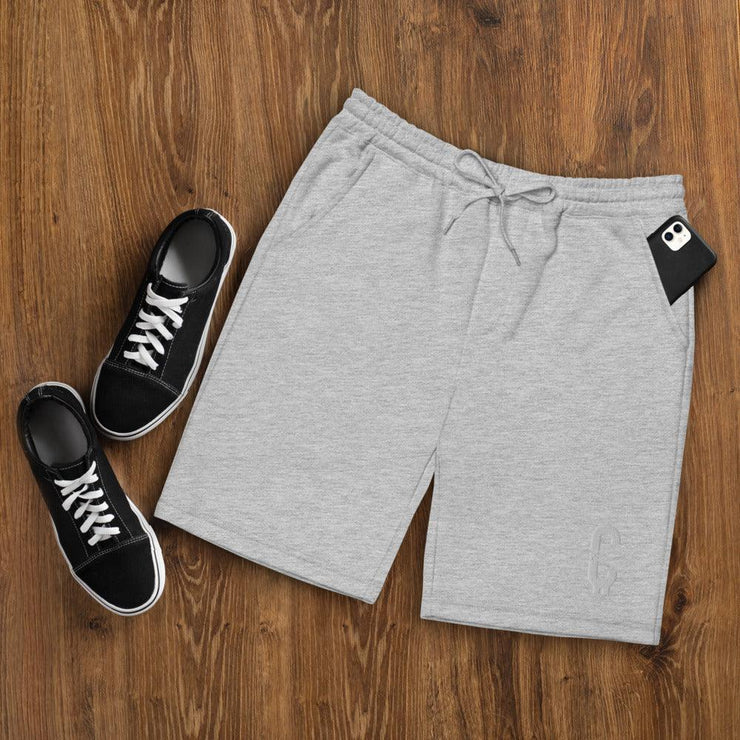 Front View of Grey Clout Fleece Shorts with grey Clout design and drawstring.