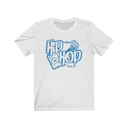 White t-shirt with blue Hip-Hop design.
