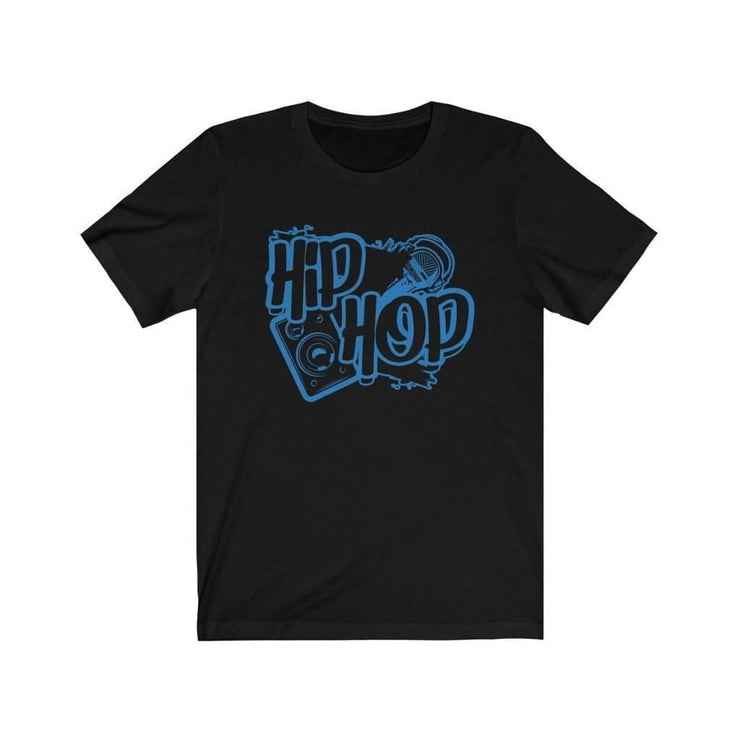 Black t-shirt with blue Hip-Hop design.