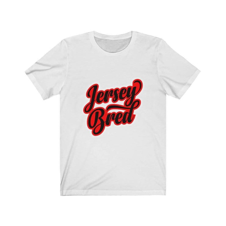 White t-shirt with red and black Jersey Bred text design.