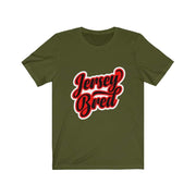 Olive t-shirt with white, red, and black Jersey Bred text design.
