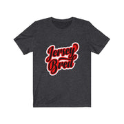 Dark Grey t-shirt with white, red, and black Jersey Bred text design.