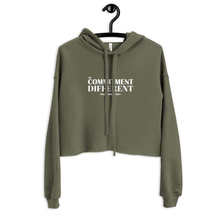 Front view of the olive colored My Commitment Different Crop Hoodie.