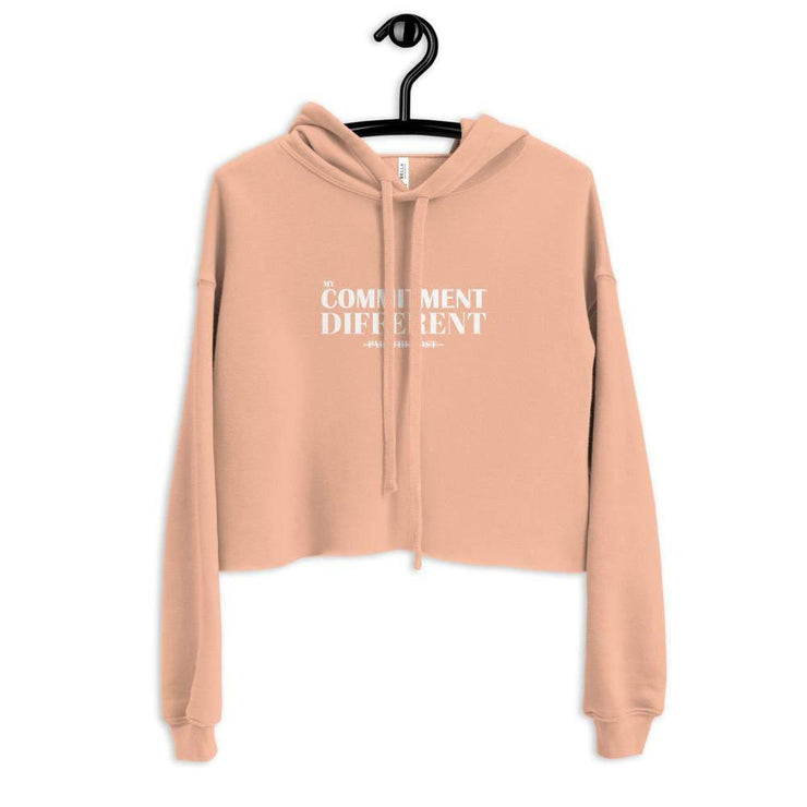 Front view of peach colored My Commitment Different Crop Hoodie.