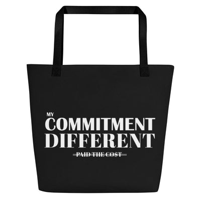 Front view of the black My Commitment Different WAJ Large Tote Bag.