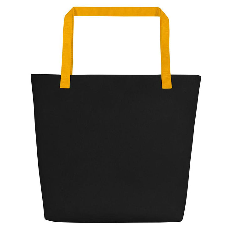 Back view of the black Paid The Cost Large Tote Bag with yellow handle.