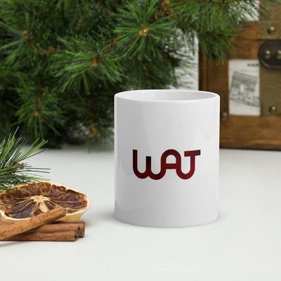 Front view of the WAJ ceramic mug.