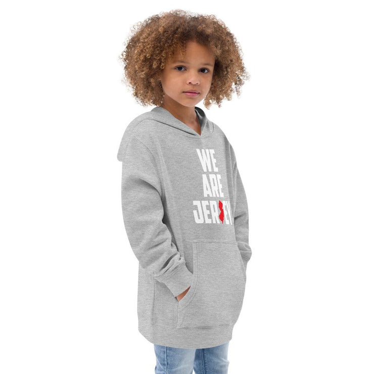 Side view of the grey We Are Jersey Kids Hoodie.