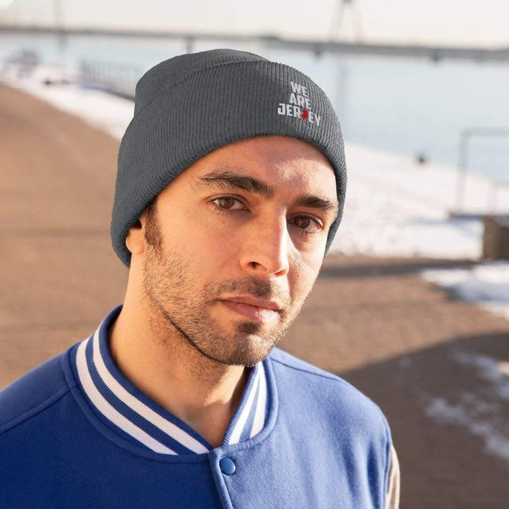 Male wearing the We Are Jersey grey Knit Beanie.