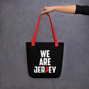 We Are Jersey Reusable Tote Bag with a red handle.